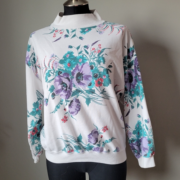 Vintage Tops - 80s floral mock neck sweater